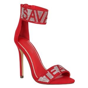 Liliana Red Rhinestone Savage Team Open Toe Faux Suede Stiletto Heels Size 9